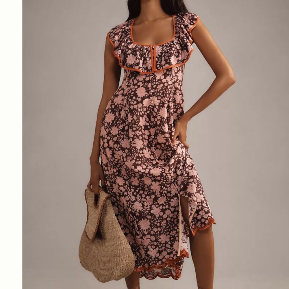 Maeve Scoop Neck Ruffled Embroidered Maxi Dress